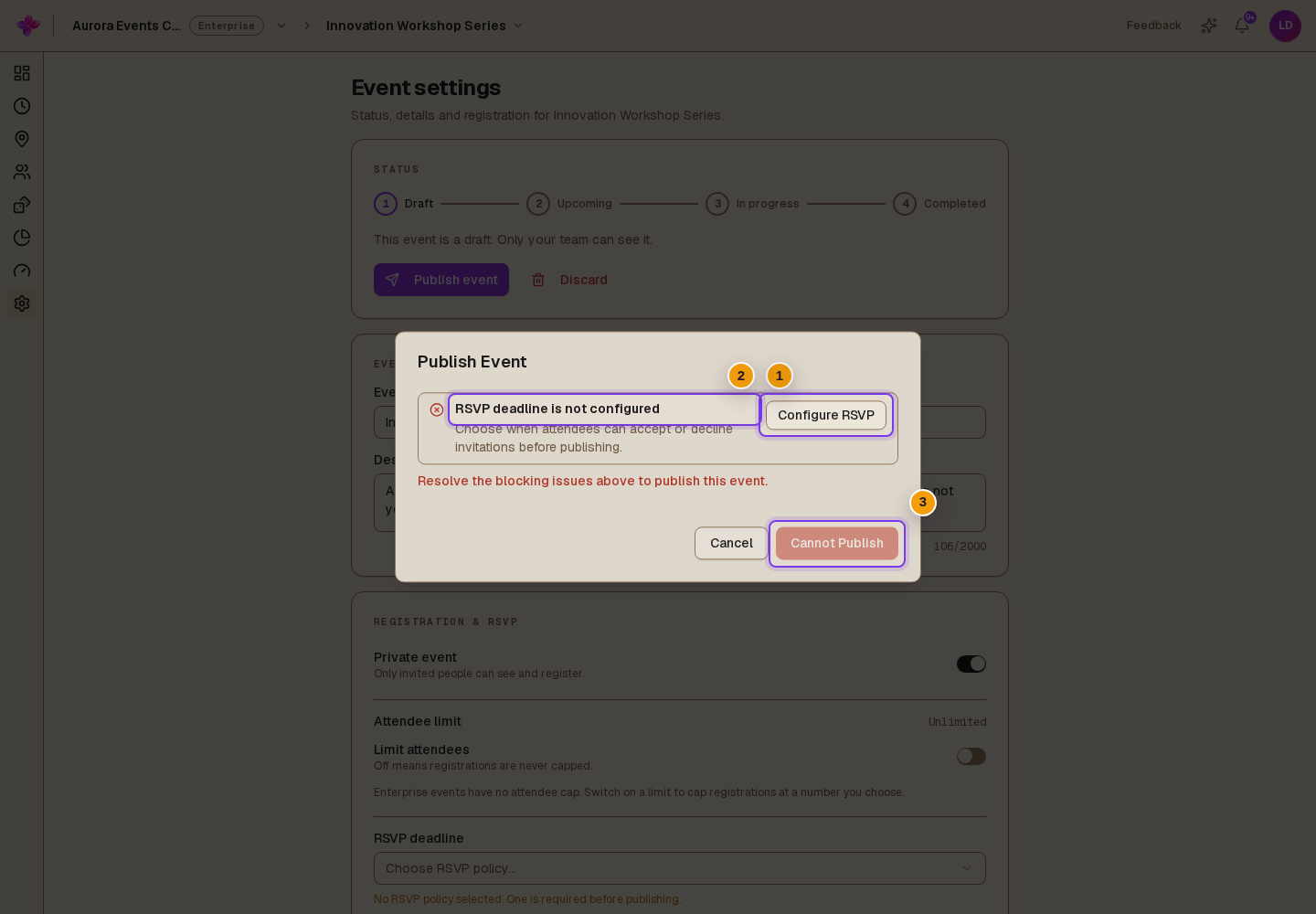 Publish Event dialog showing a blocker, its suggested fix and disabled Cannot Publish button