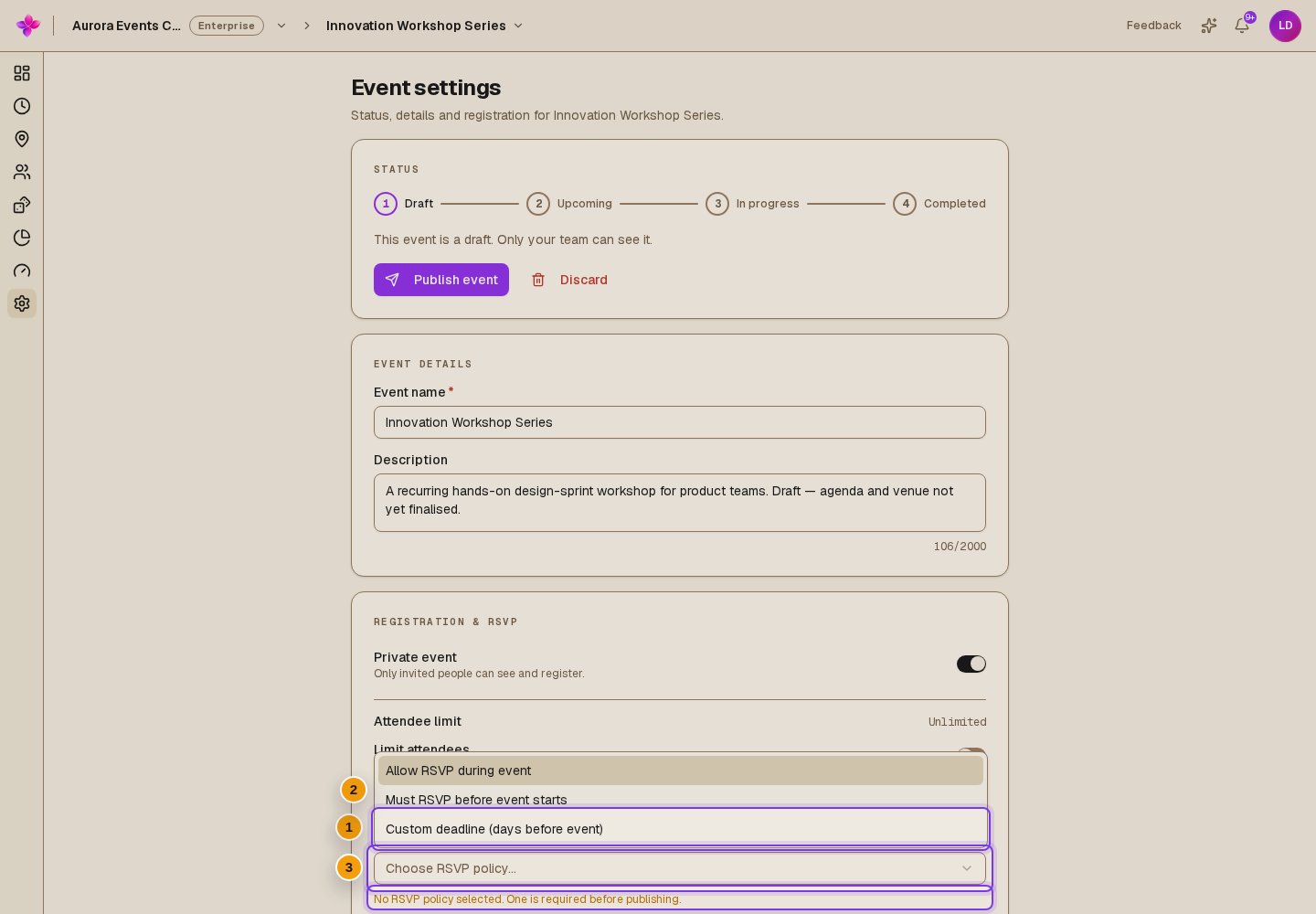Registration & RSVP with the RSVP deadline selector open and the no-policy warning visible