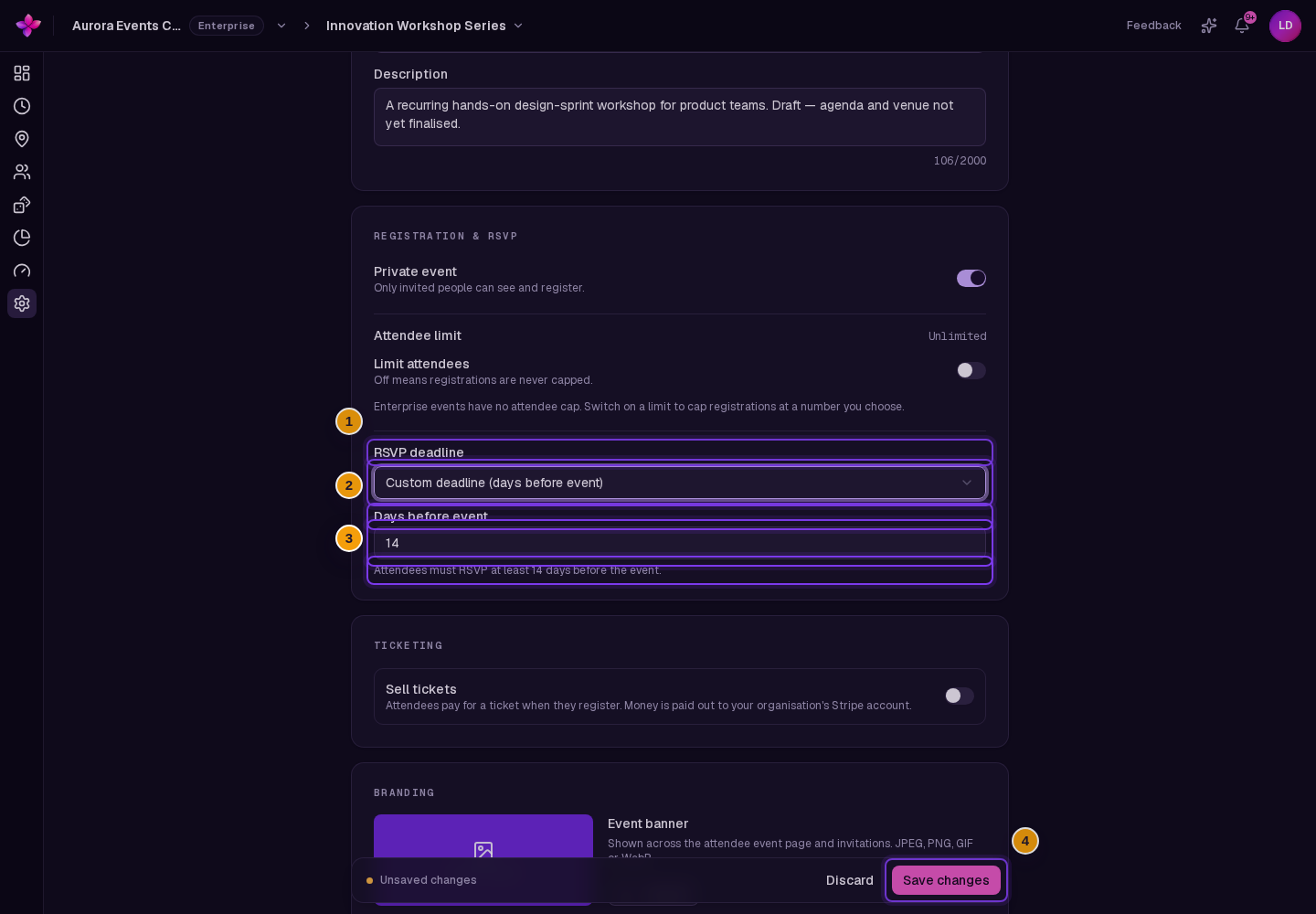 Custom deadline selected with Days before event, helper text and Save changes visible