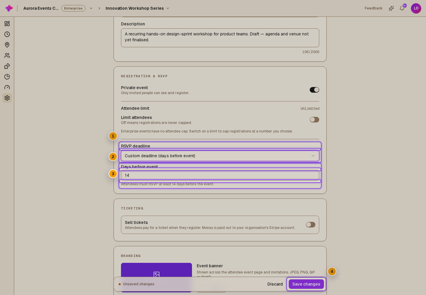 Custom deadline selected with Days before event, helper text and Save changes visible
