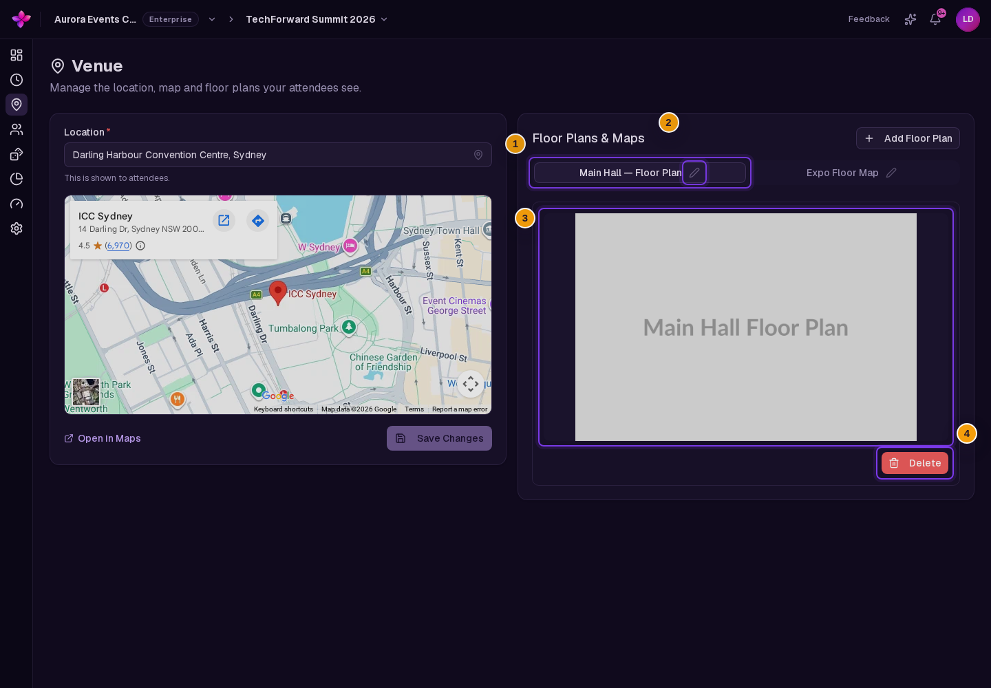 Floor Plans & Maps with multiple tabs, a rename control and the active image Delete action visible