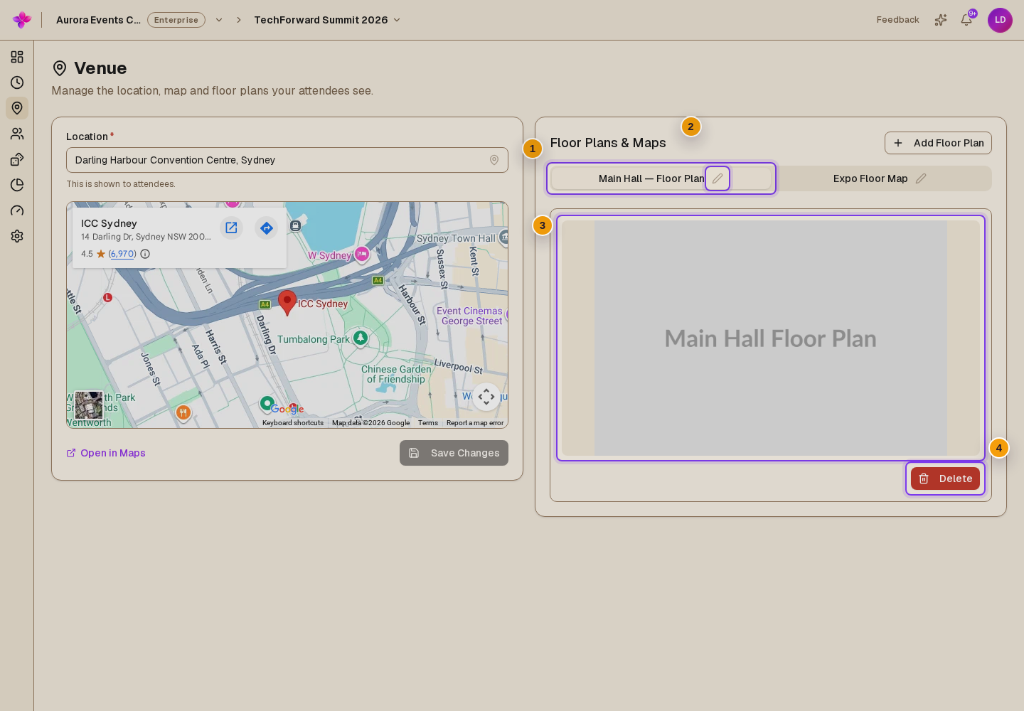 Floor Plans & Maps with multiple tabs, a rename control and the active image Delete action visible