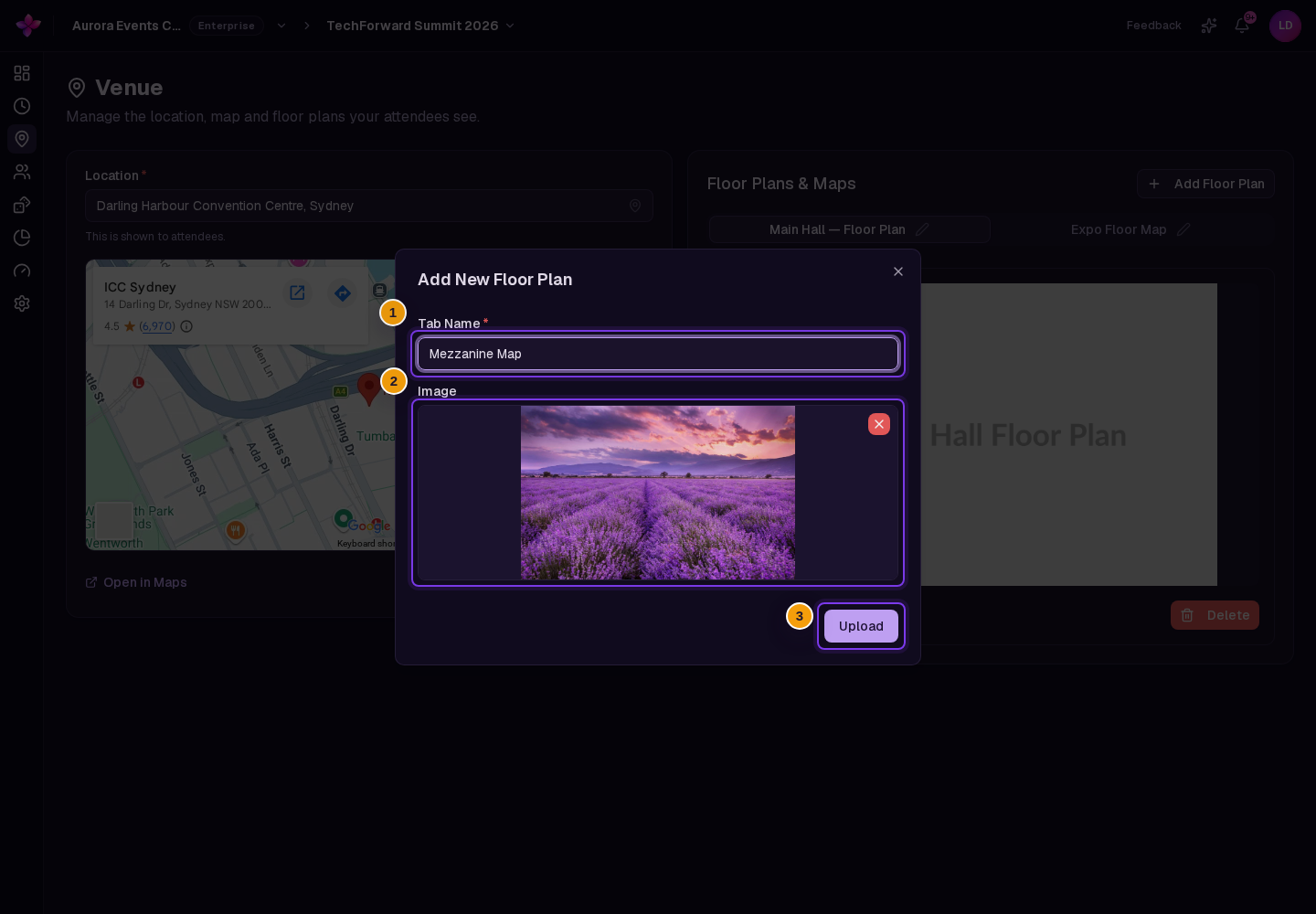 Add New Floor Plan dialog with Tab Name, selected image preview and Upload visible