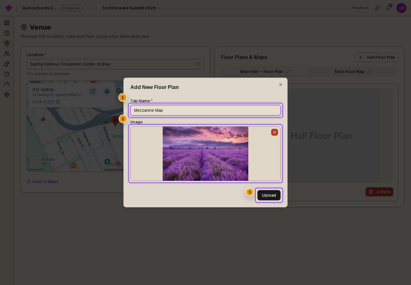 Add New Floor Plan dialog with Tab Name, selected image preview and Upload visible