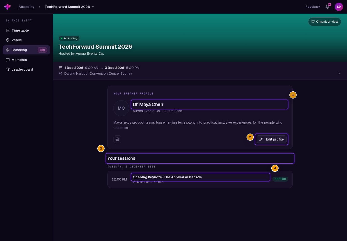 Your speaker profile, Edit profile and the scheduled Your sessions list visible