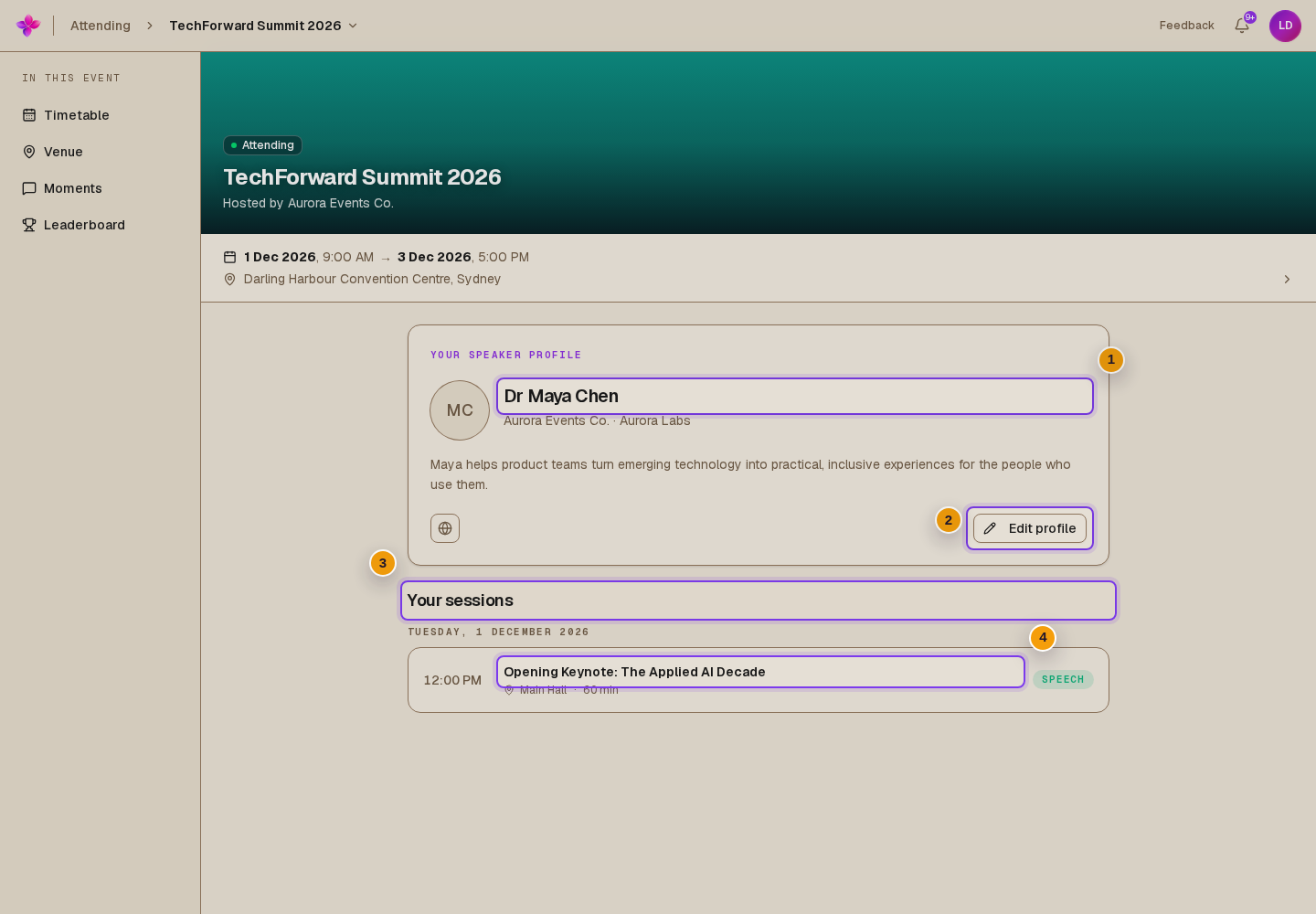 Your speaker profile, Edit profile and the scheduled Your sessions list visible
