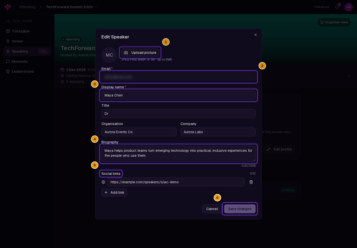 The locked Email field, editable profile fields, picture controls and Save changes