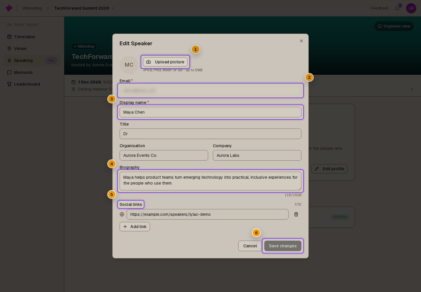The locked Email field, editable profile fields, picture controls and Save changes