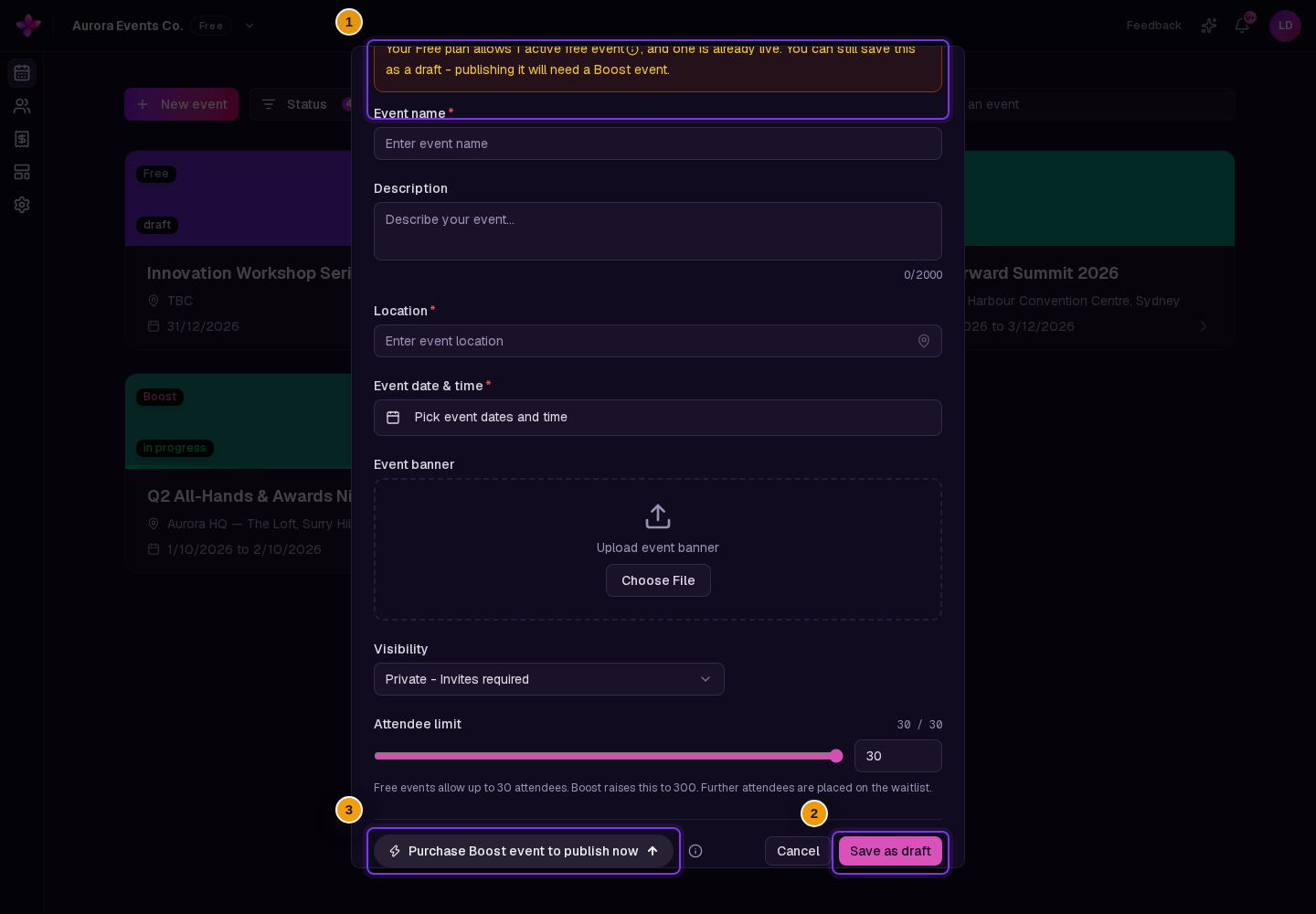 The allowance message, Save as draft, and Purchase Boost event to publish now