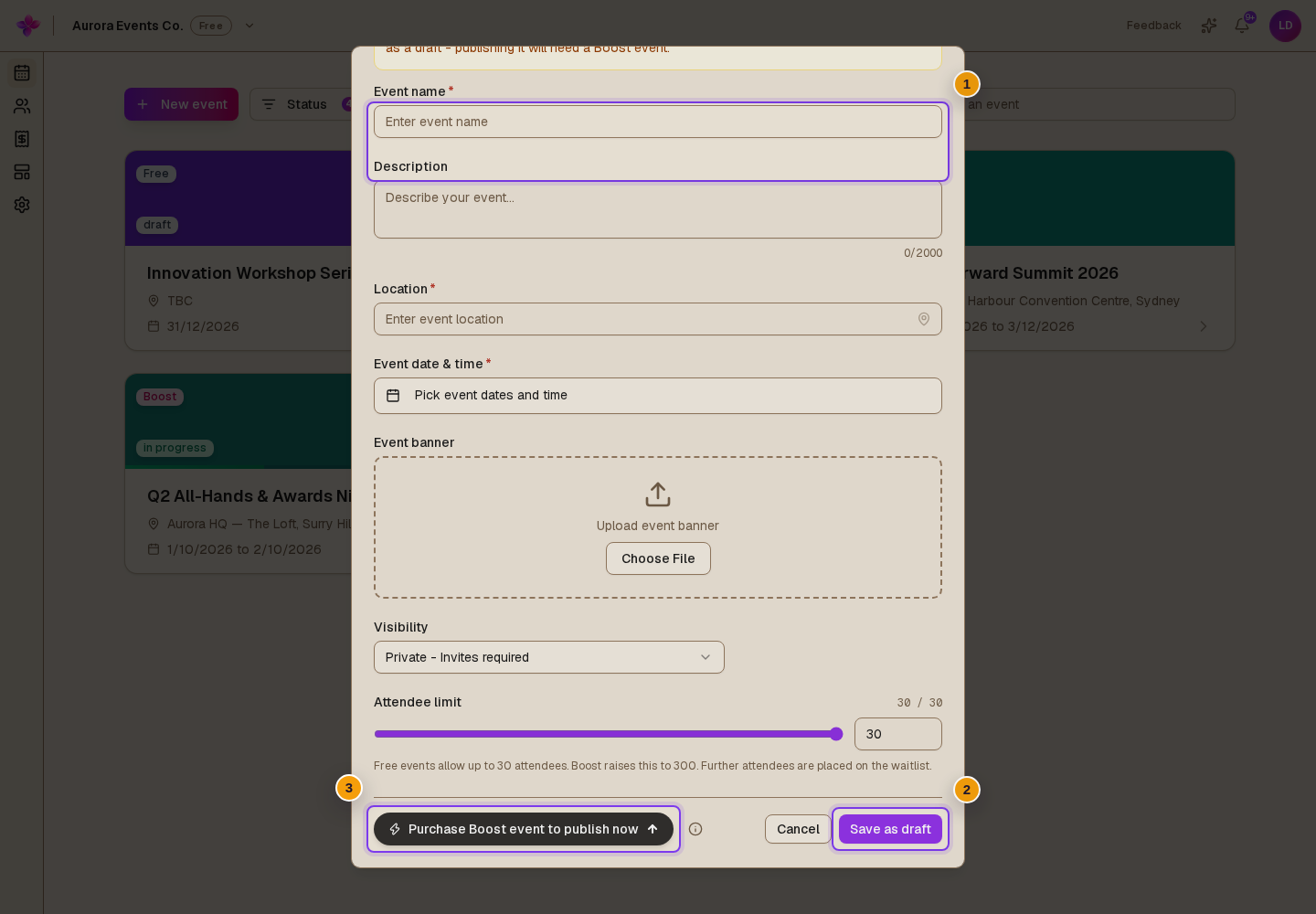 The allowance message, Save as draft, and Purchase Boost event to publish now
