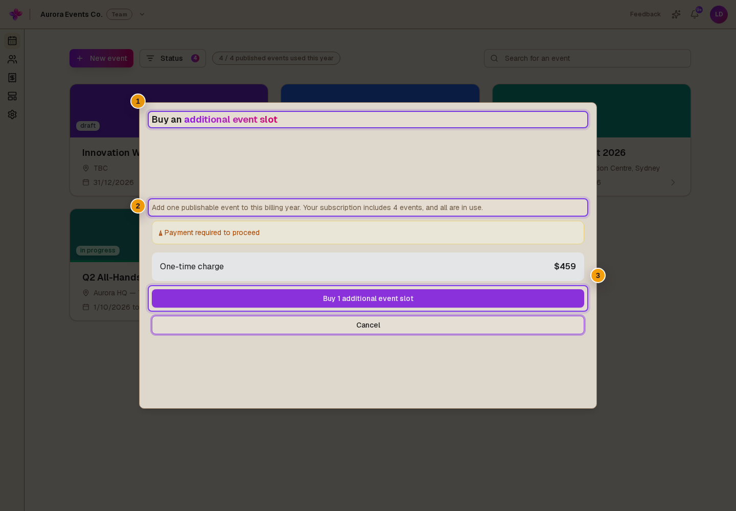 Buy an additional event slot, the billing-year explanation, and Buy 1 additional event slot visible