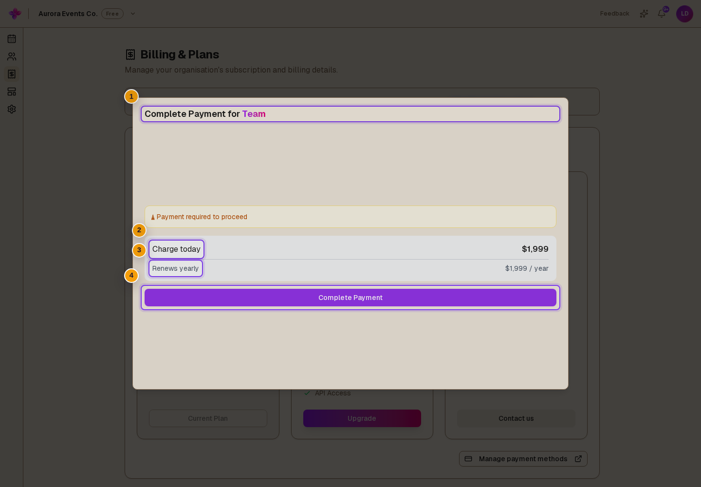 Charge today, Renews yearly and the Complete Payment button