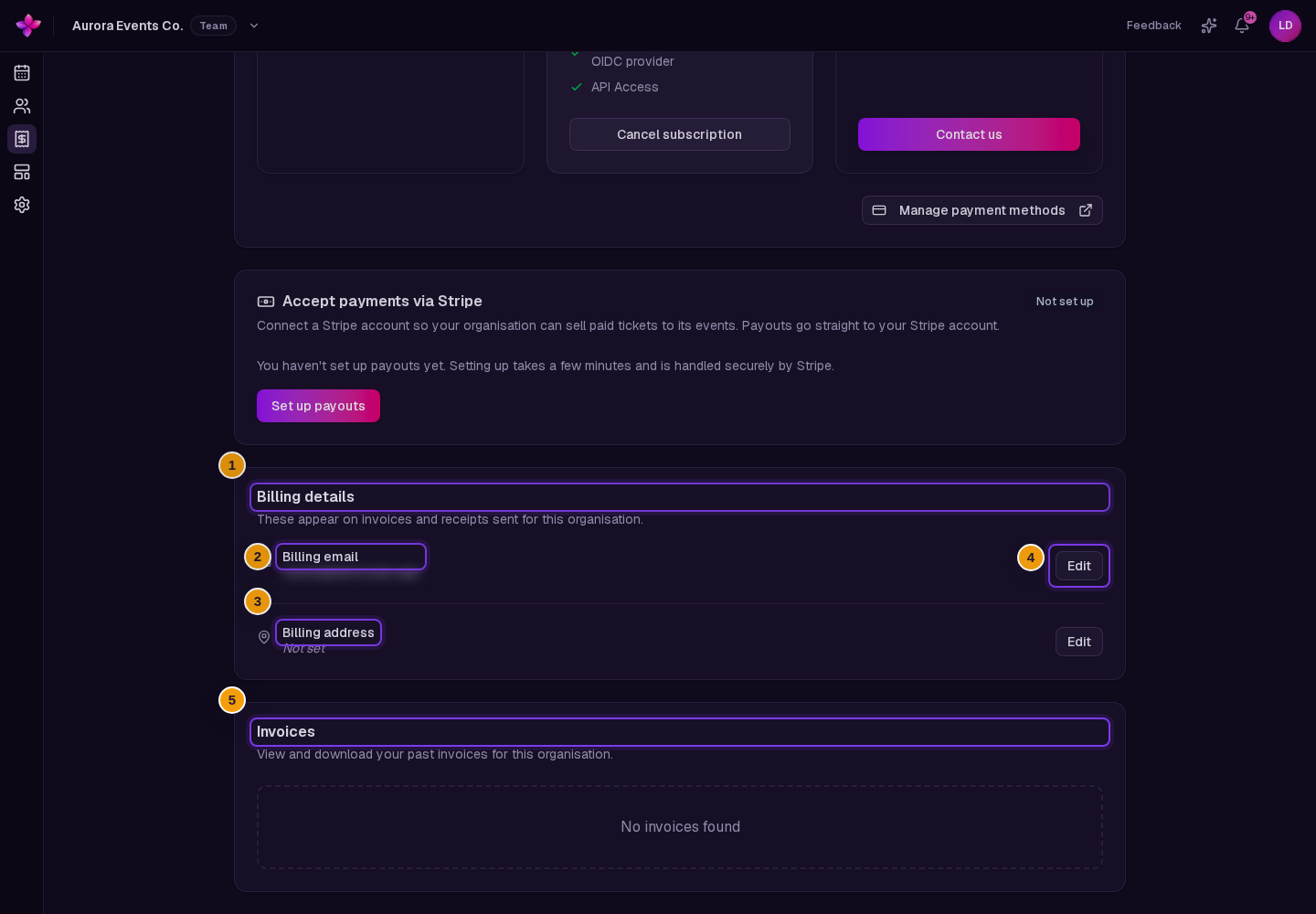 Including Billing email, Billing address, Edit controls, and the current No invoices found state