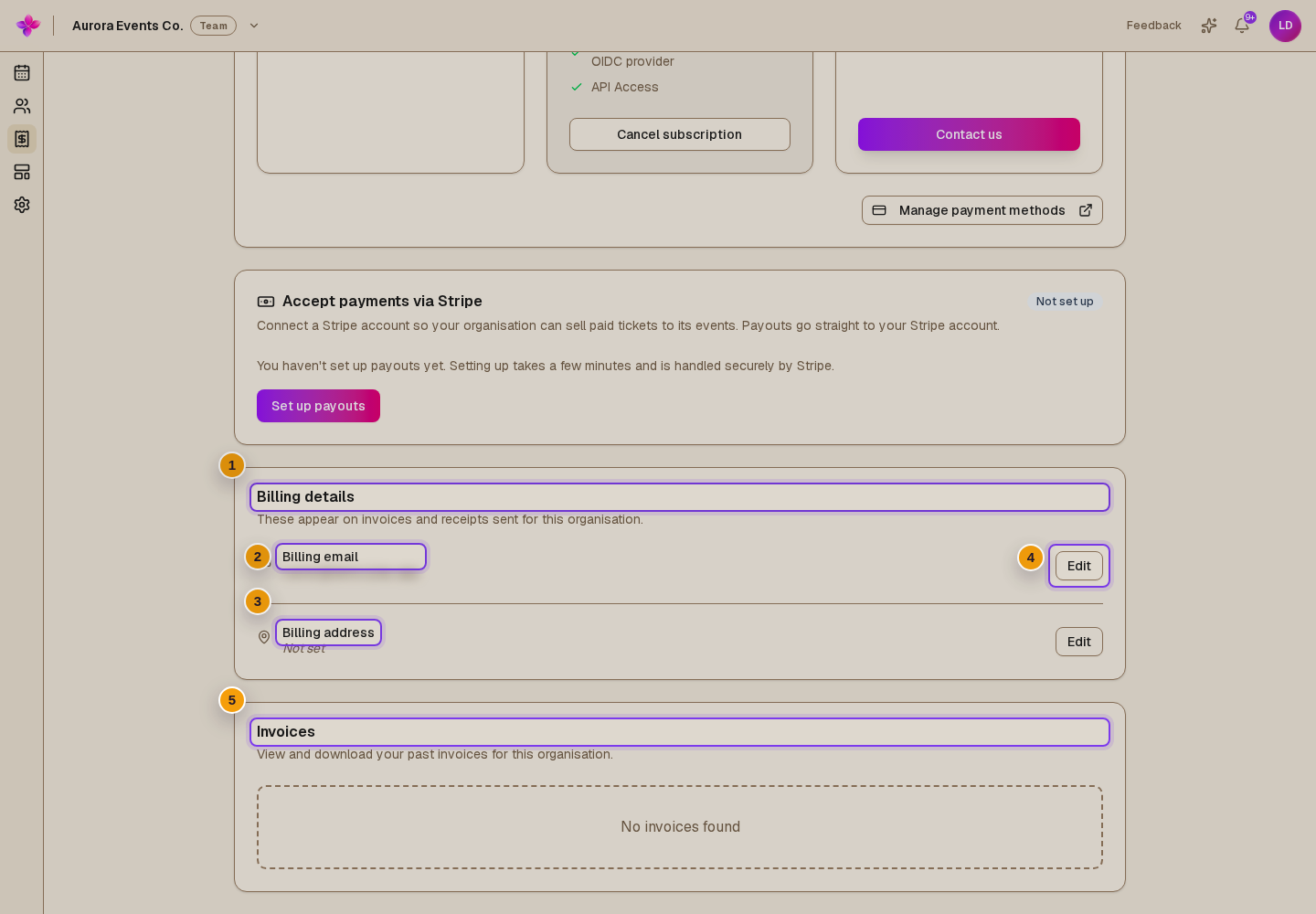 Including Billing email, Billing address, Edit controls, and the current No invoices found state