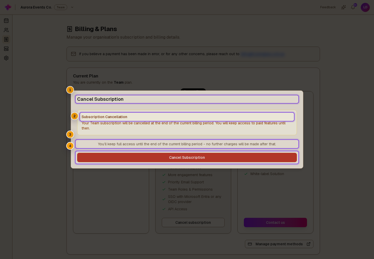 /dashboard/[orgID]/billing with the final Cancel Subscription window open and its end-of-period message and Cancel Subscription button visible