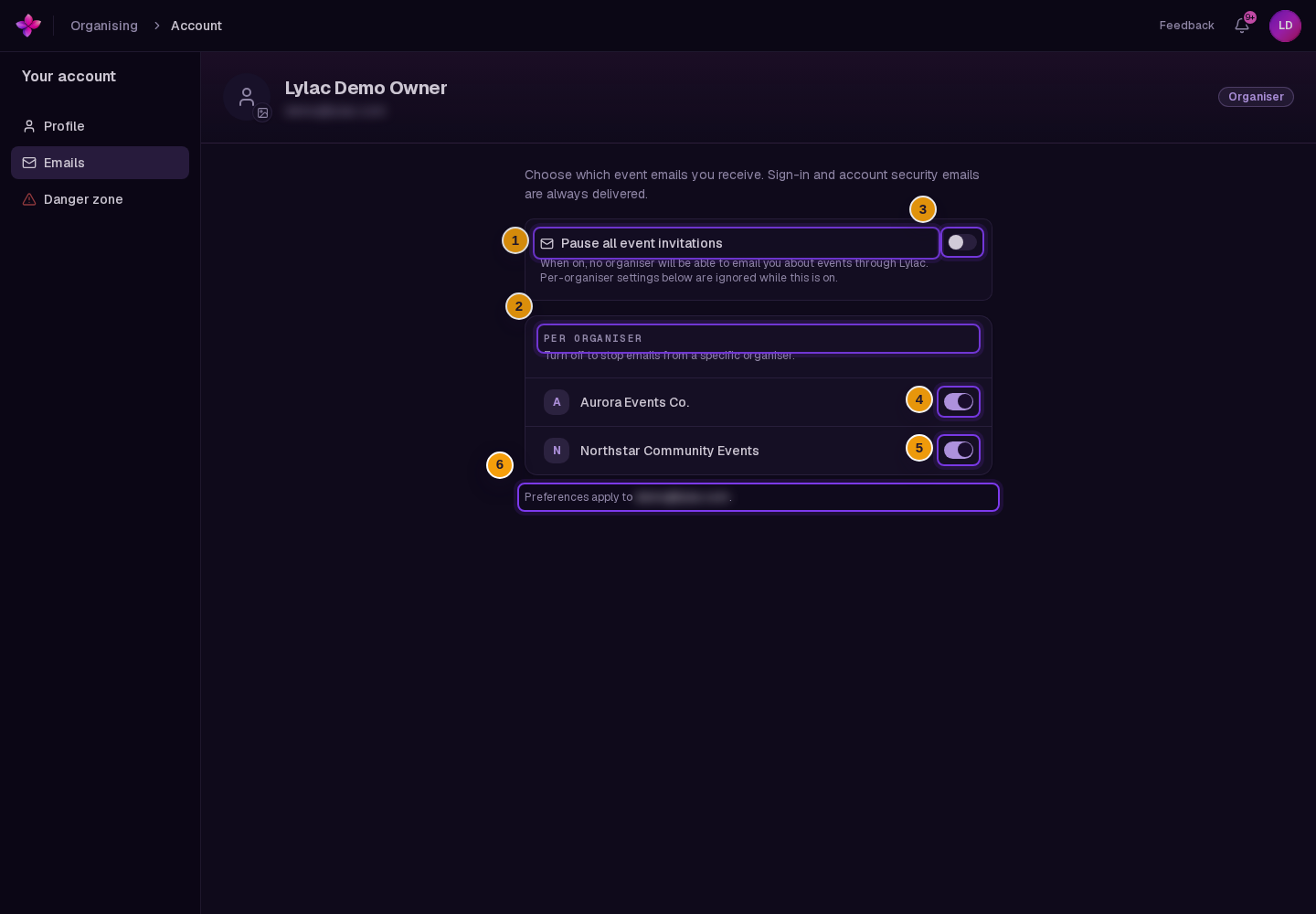 Pause all event invitations, Per organiser switches, and Preferences apply to visible