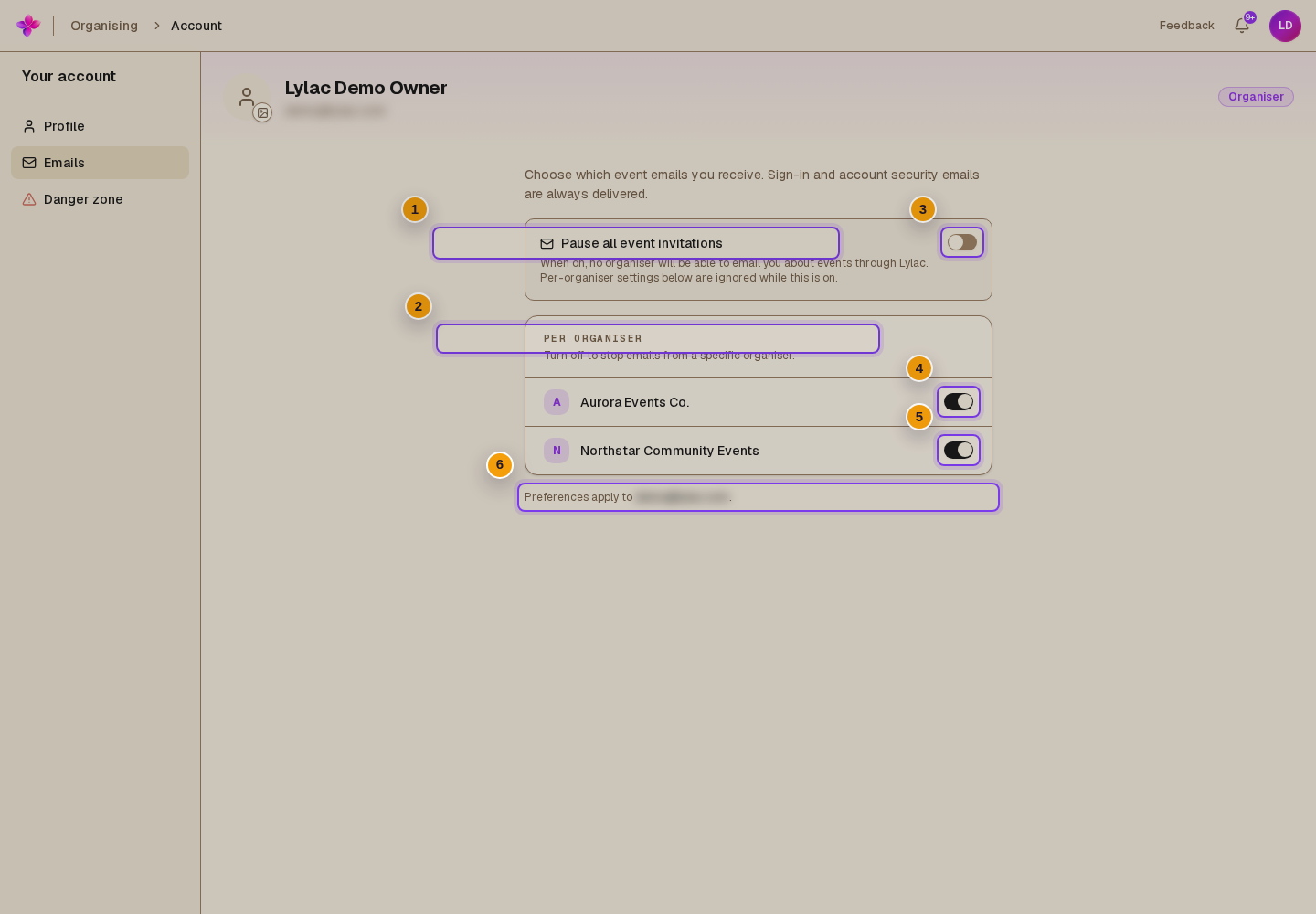 Pause all event invitations, Per organiser switches, and Preferences apply to visible