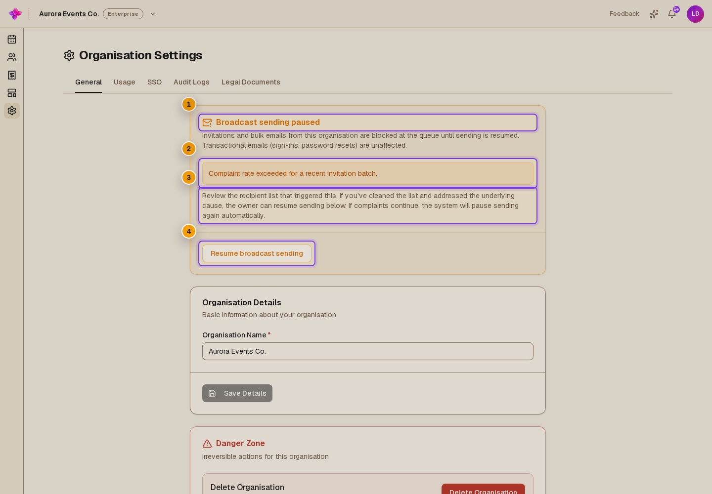 Broadcast sending paused, the recorded reason, guidance text, and Resume broadcast sending visible