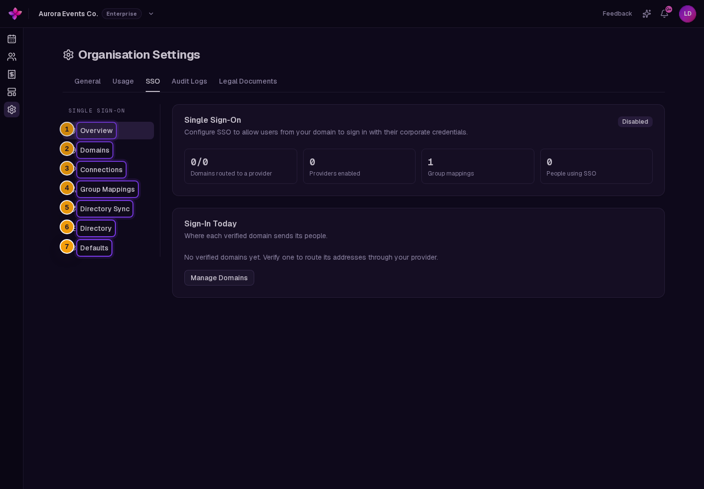 Overview, Domains, Connections, Group Mappings, Directory Sync, Directory and Defaults visible