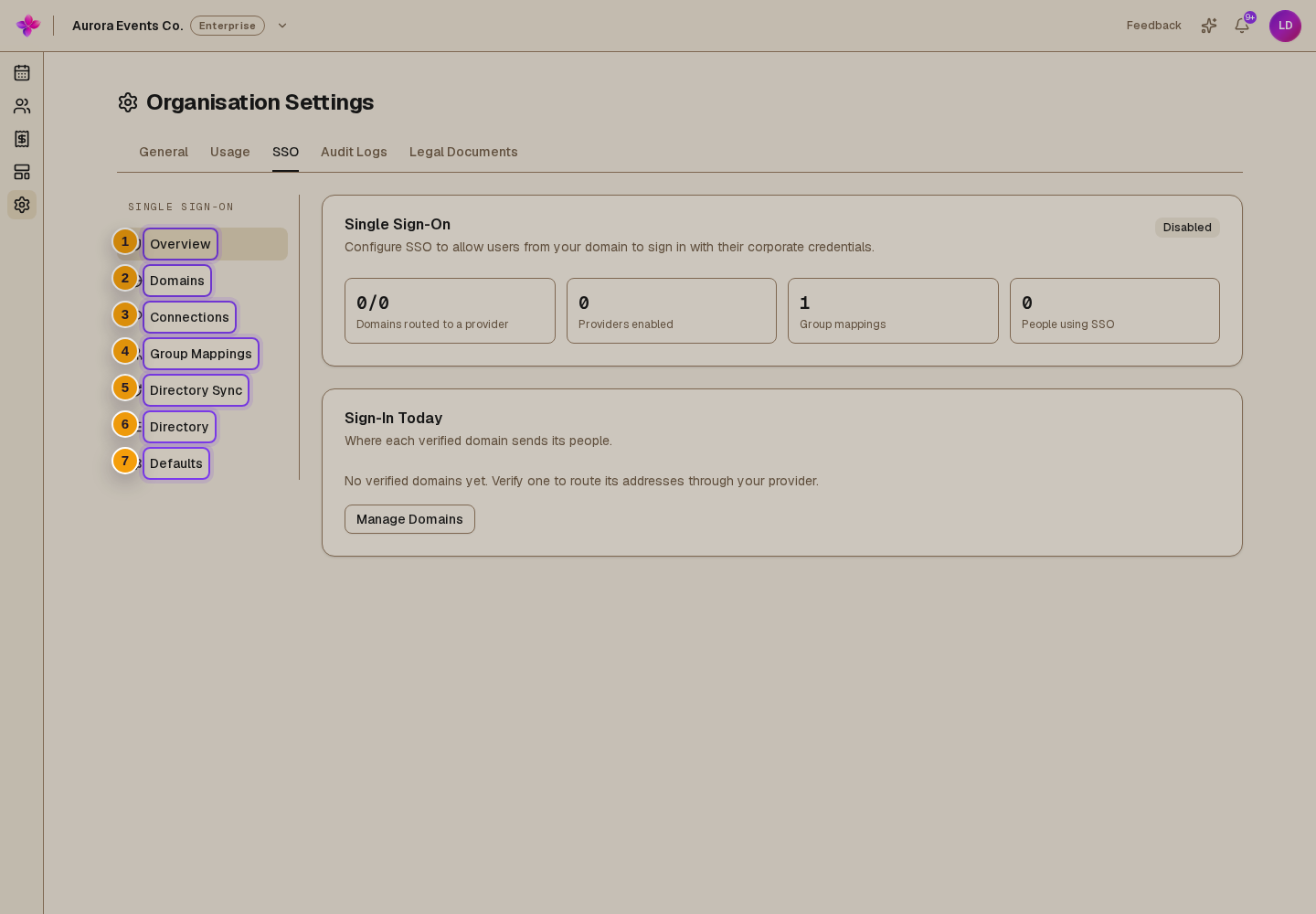 Overview, Domains, Connections, Group Mappings, Directory Sync, Directory and Defaults visible