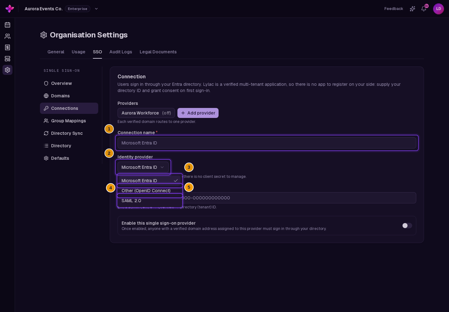 Connection name, the Identity provider selector open, and Microsoft Entra ID, Other (OpenID Connect), and SAML 2.0 visible
