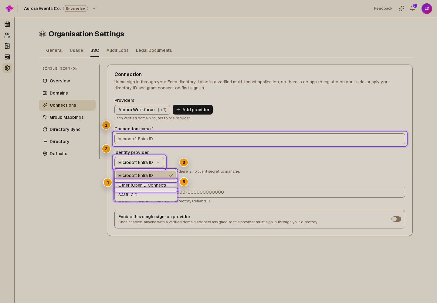 Connection name, the Identity provider selector open, and Microsoft Entra ID, Other (OpenID Connect), and SAML 2.0 visible