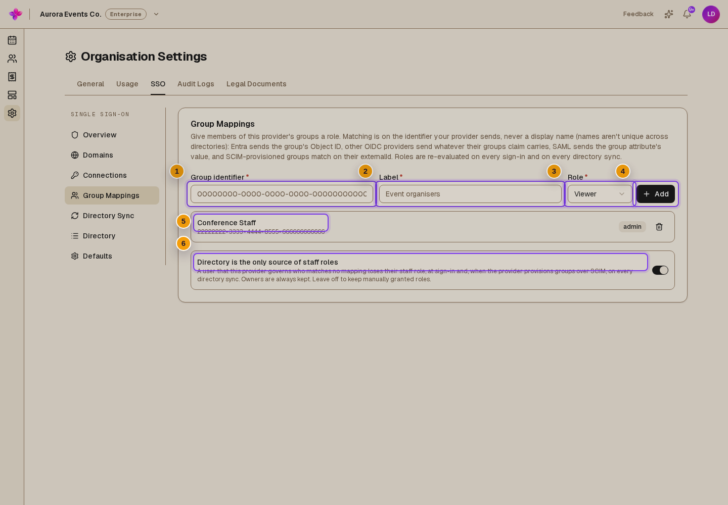 Label, Role, Add, an existing mapping, and Directory is the only source of staff roles visible