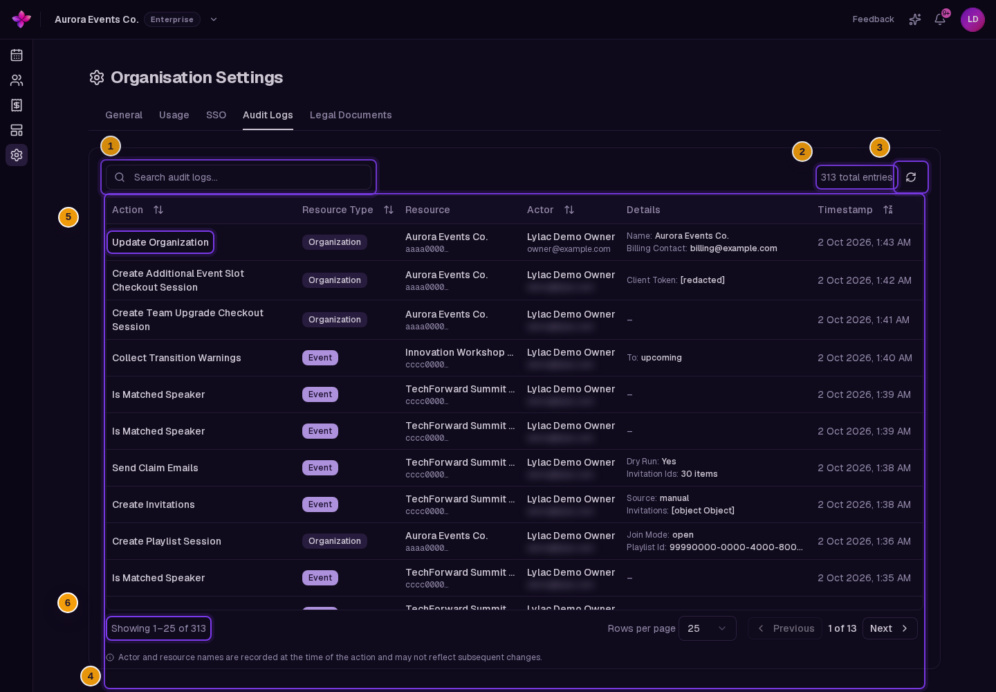 Search audit logs, total entries, Refresh audit logs, sortable columns, and pagination visible