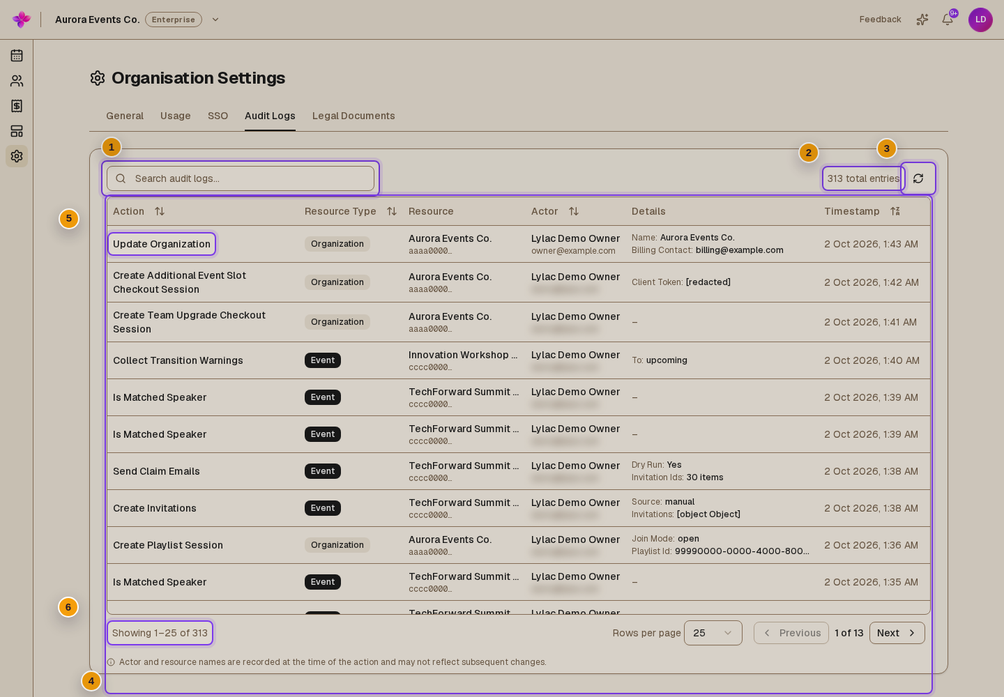 Search audit logs, total entries, Refresh audit logs, sortable columns, and pagination visible