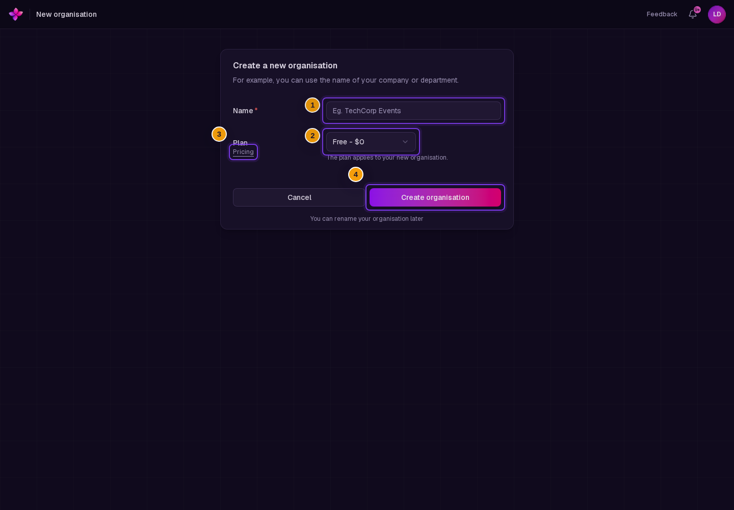 Name, the Plan selector set to Free, Pricing, and Create organisation visible