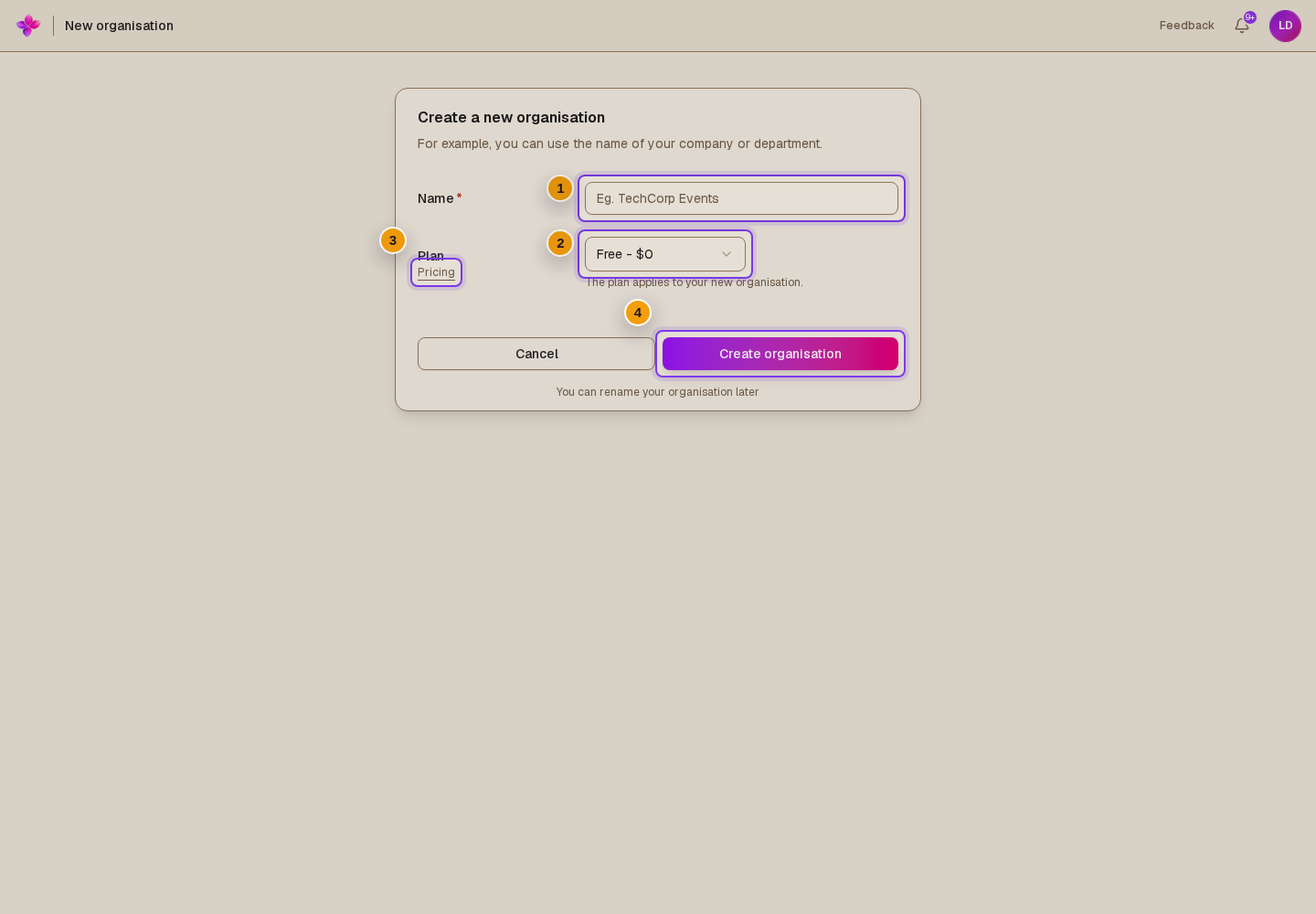 Name, the Plan selector set to Free, Pricing, and Create organisation visible