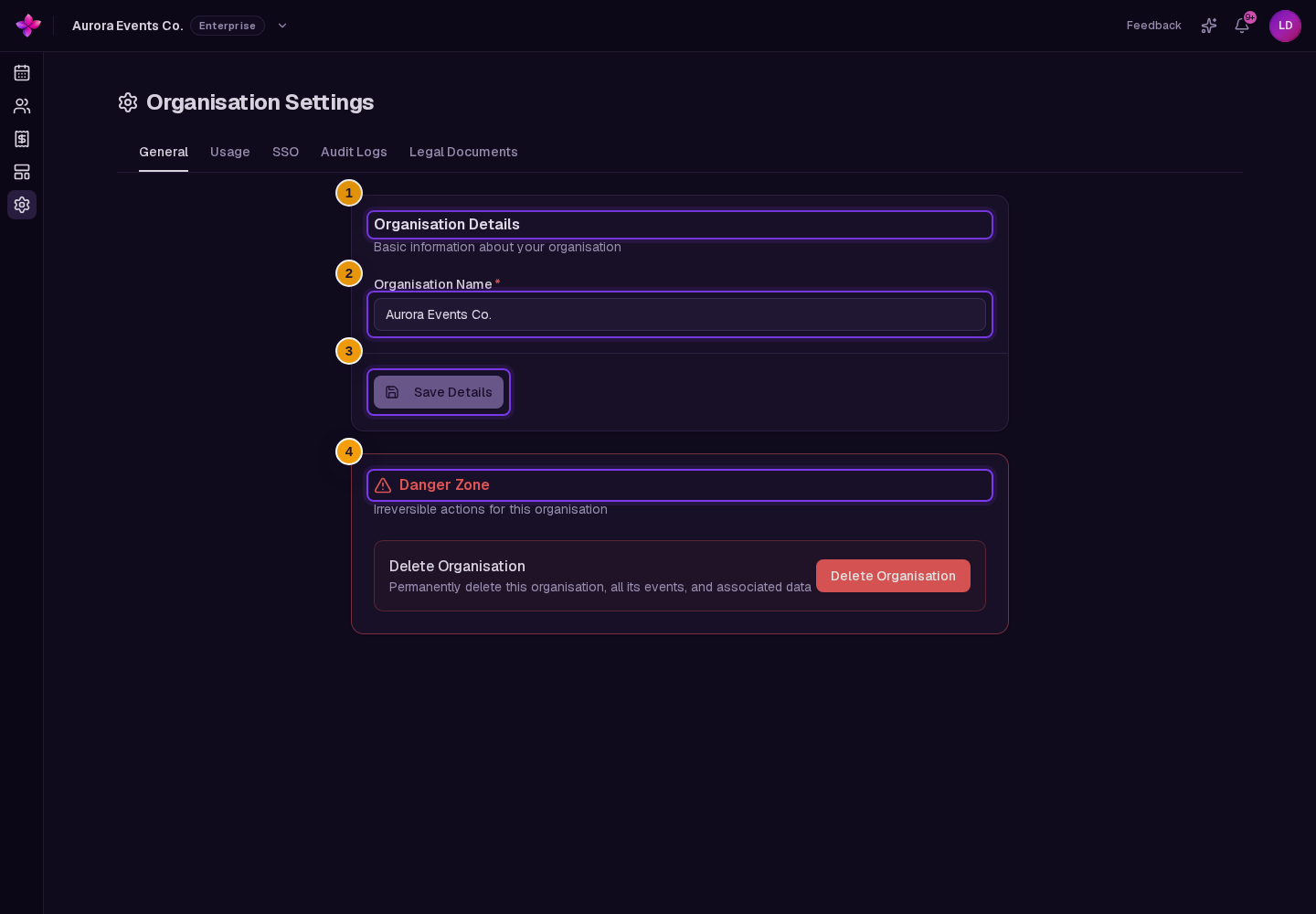 Organisation Details, Organisation Name, Save Details, and Danger Zone visible