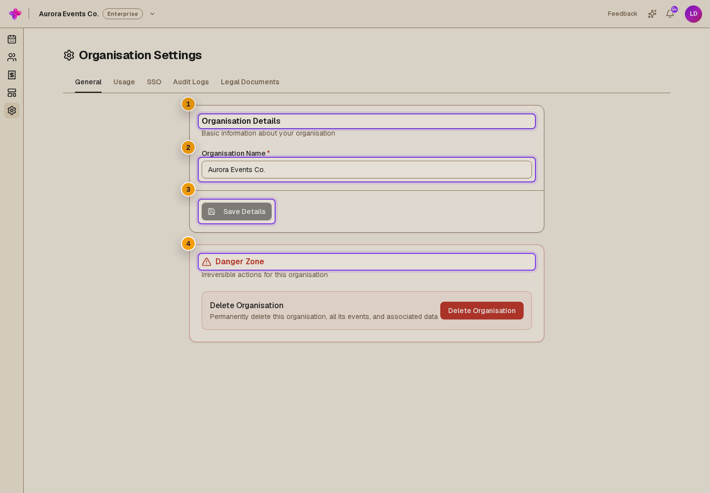 Organisation Details, Organisation Name, Save Details, and Danger Zone visible