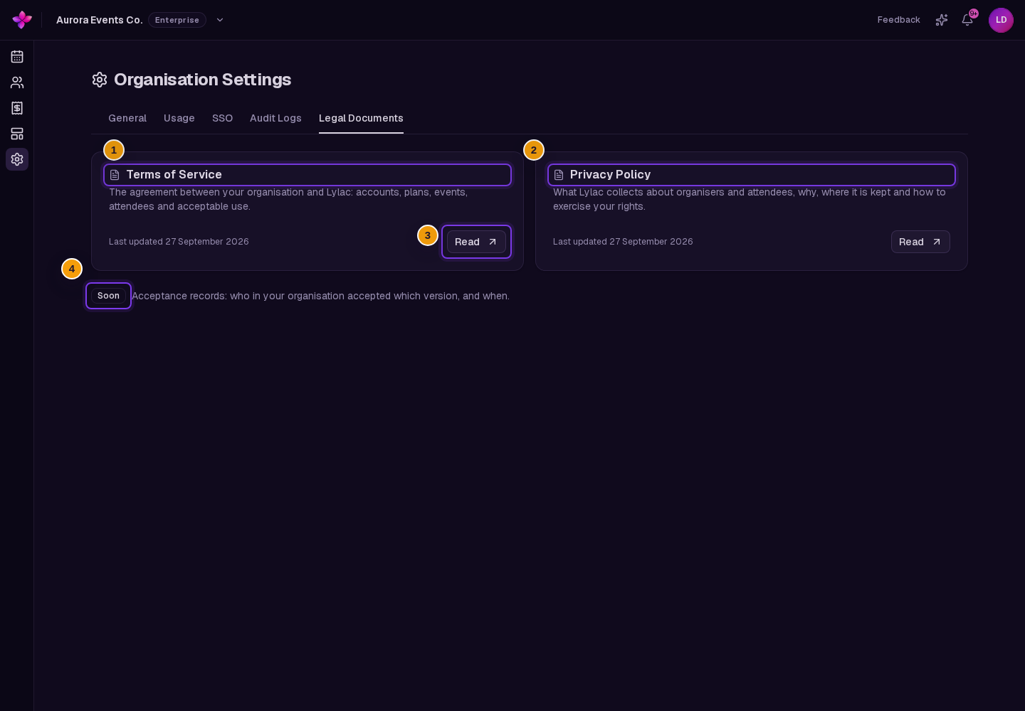 The Terms of Service and Privacy Policy cards, their updated dates, Read buttons, and the Soon notice visible
