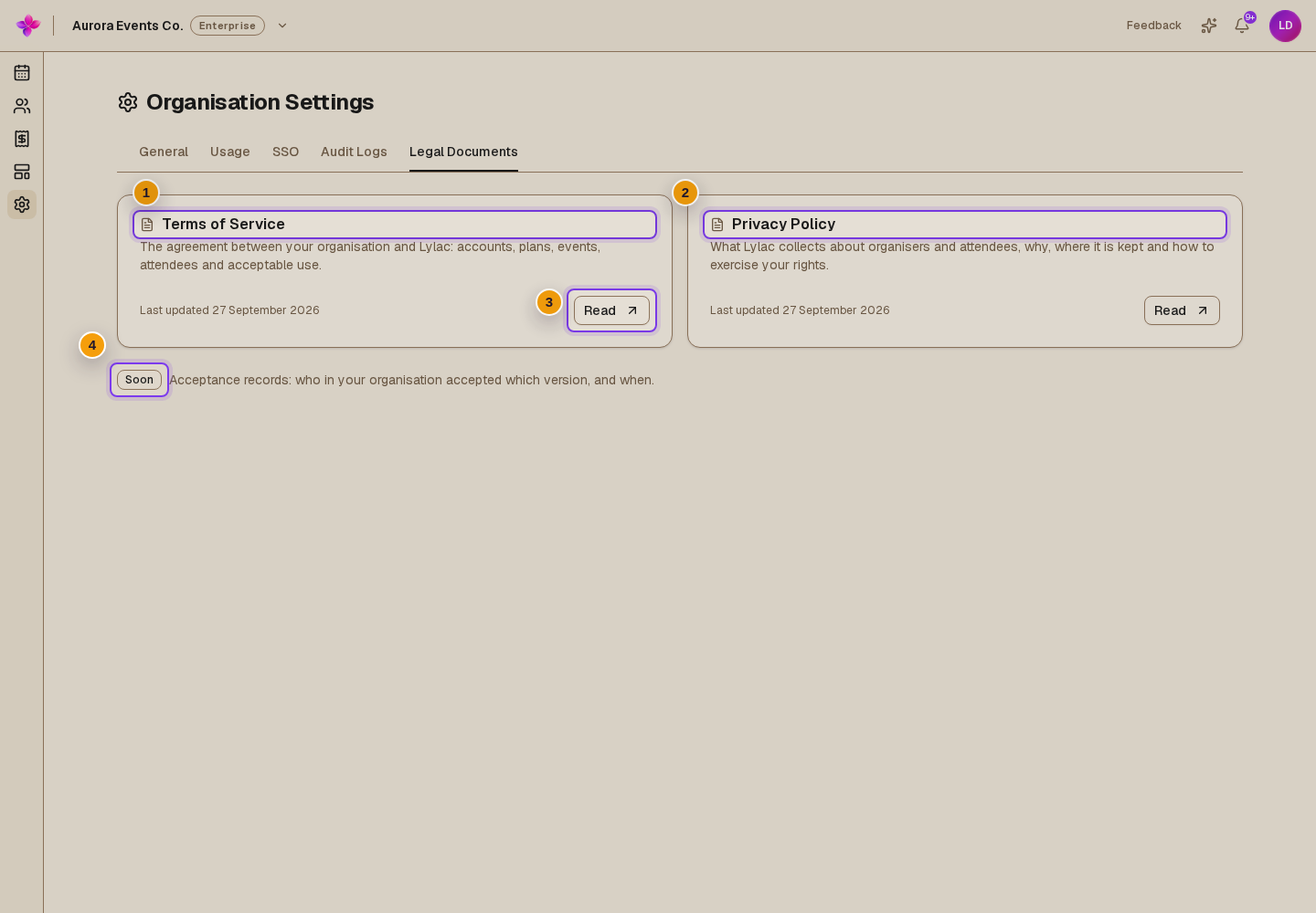 The Terms of Service and Privacy Policy cards, their updated dates, Read buttons, and the Soon notice visible