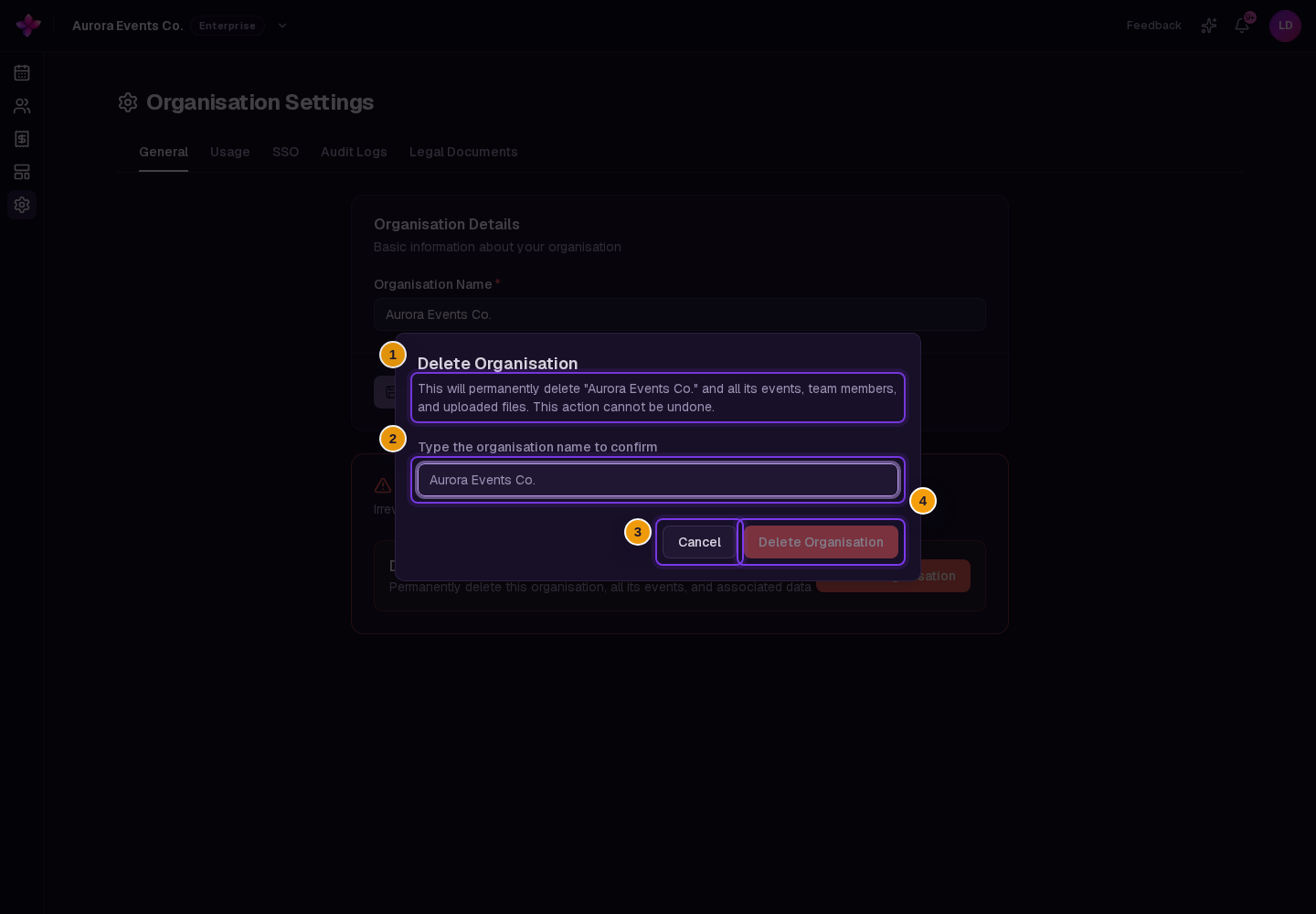 The warning, exact-name field, Cancel, and disabled final Delete Organisation button