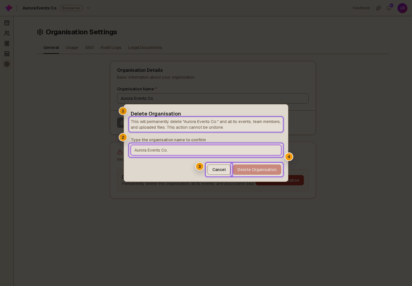 The warning, exact-name field, Cancel, and disabled final Delete Organisation button
