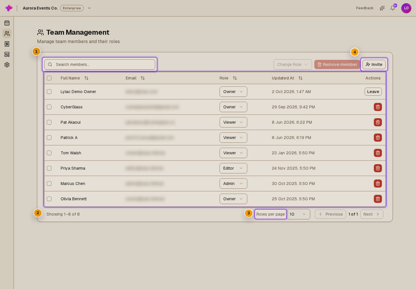 Search members, the sortable member table, Invite, and pagination visible