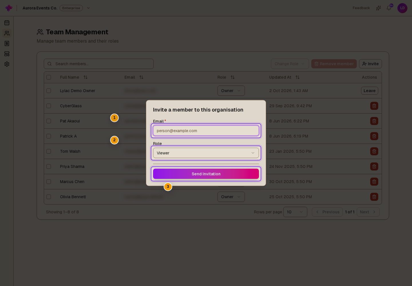 Email, Role set to Viewer, and Send Invitation