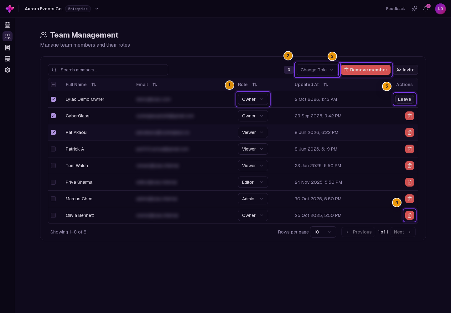 Row Role selectors, Change Role, Remove member, a row remove button, and Leave on the current user's row
