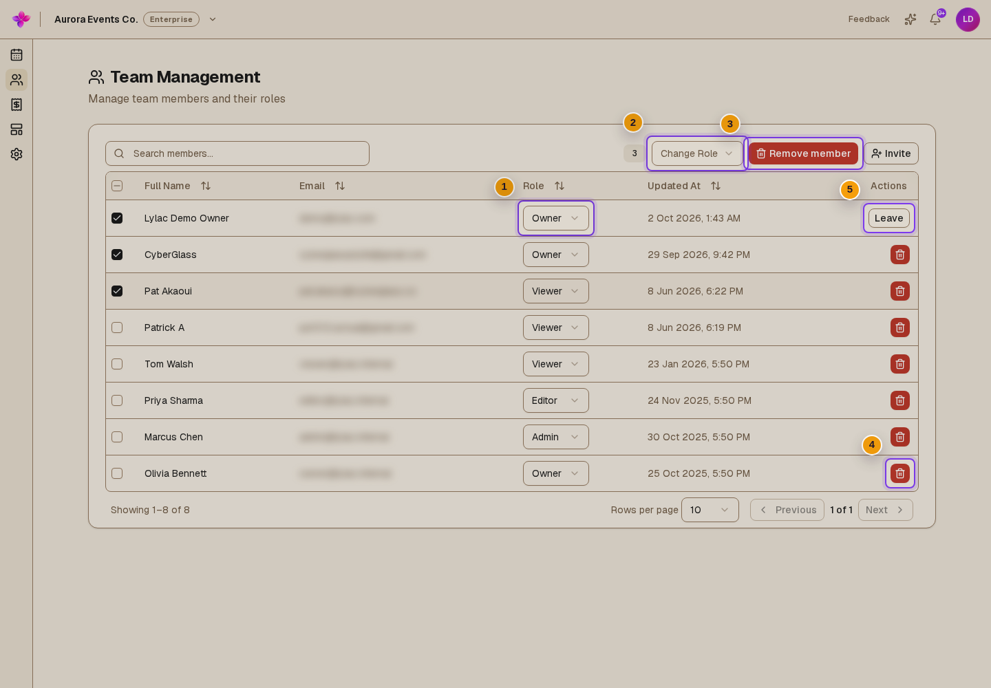 Row Role selectors, Change Role, Remove member, a row remove button, and Leave on the current user's row