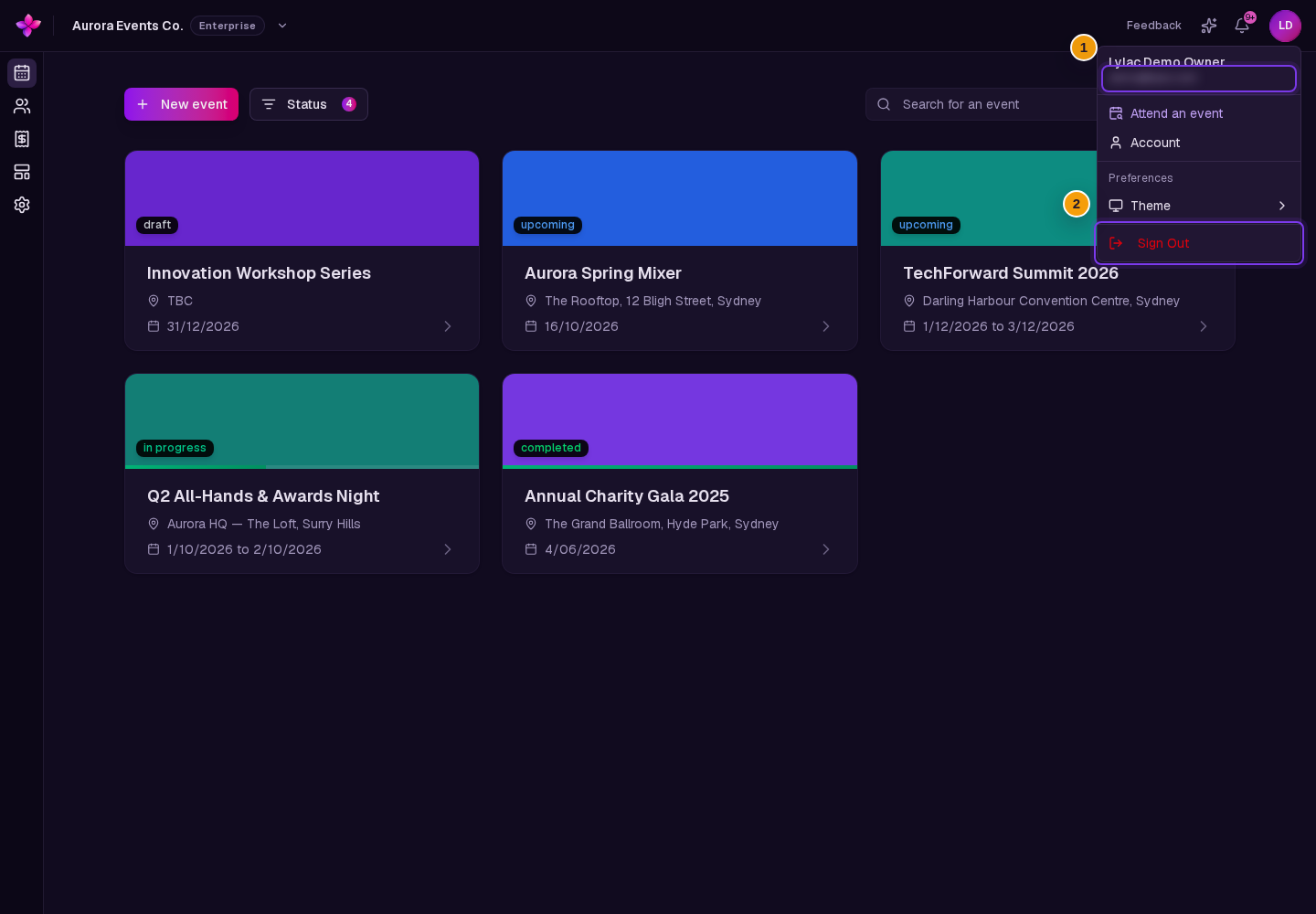 Account menu open with the signed-in email and Sign Out visible