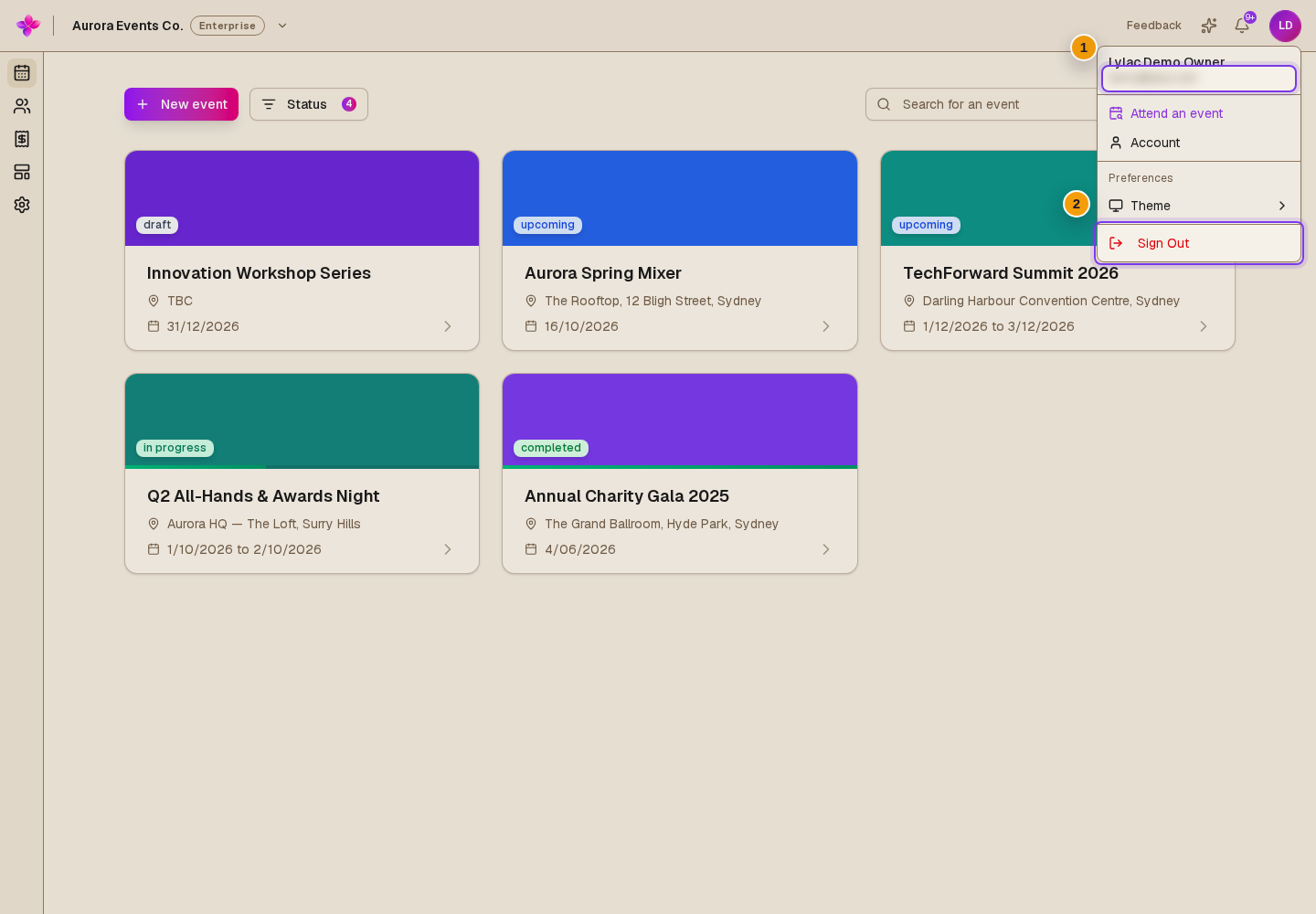 Account menu open with the signed-in email and Sign Out visible