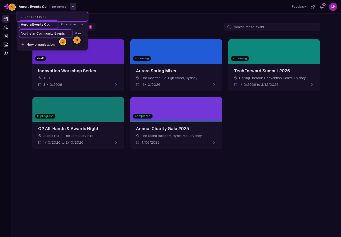 Switch organisation menu open with the Organisations list visible