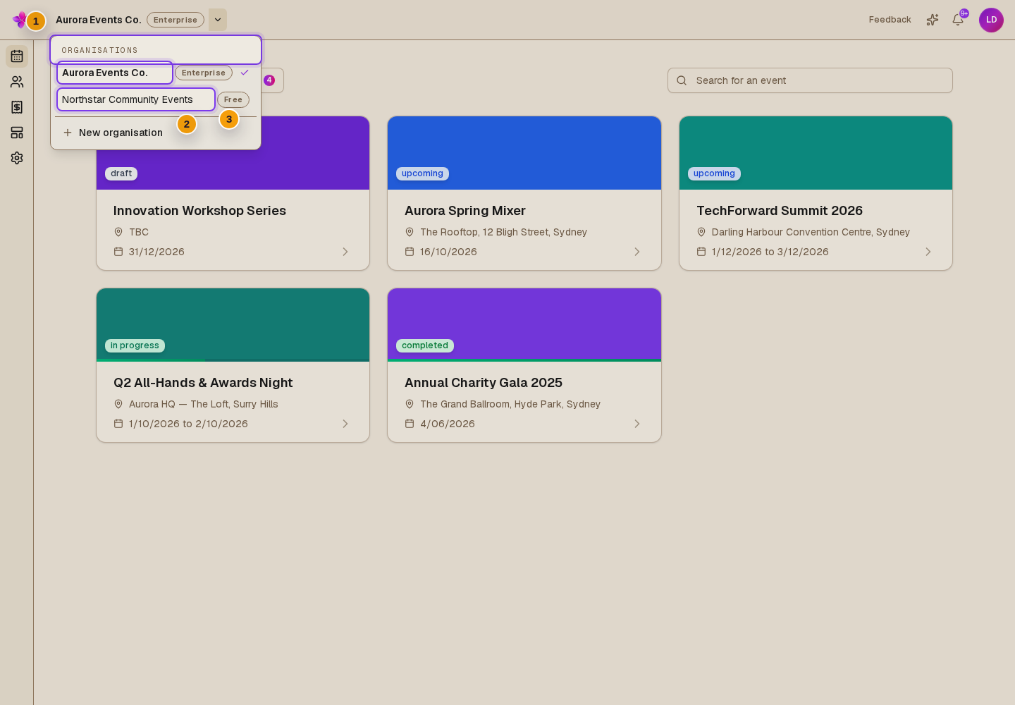 Switch organisation menu open with the Organisations list visible