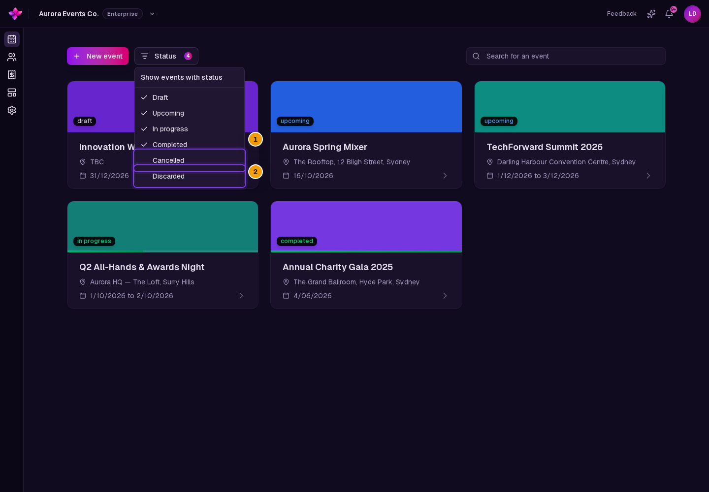 Status menu open with Cancelled and Discarded available but not selected