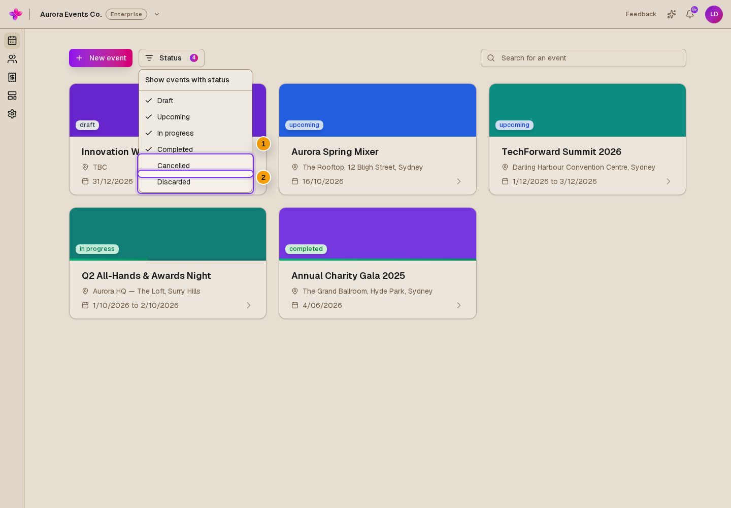 Status menu open with Cancelled and Discarded available but not selected