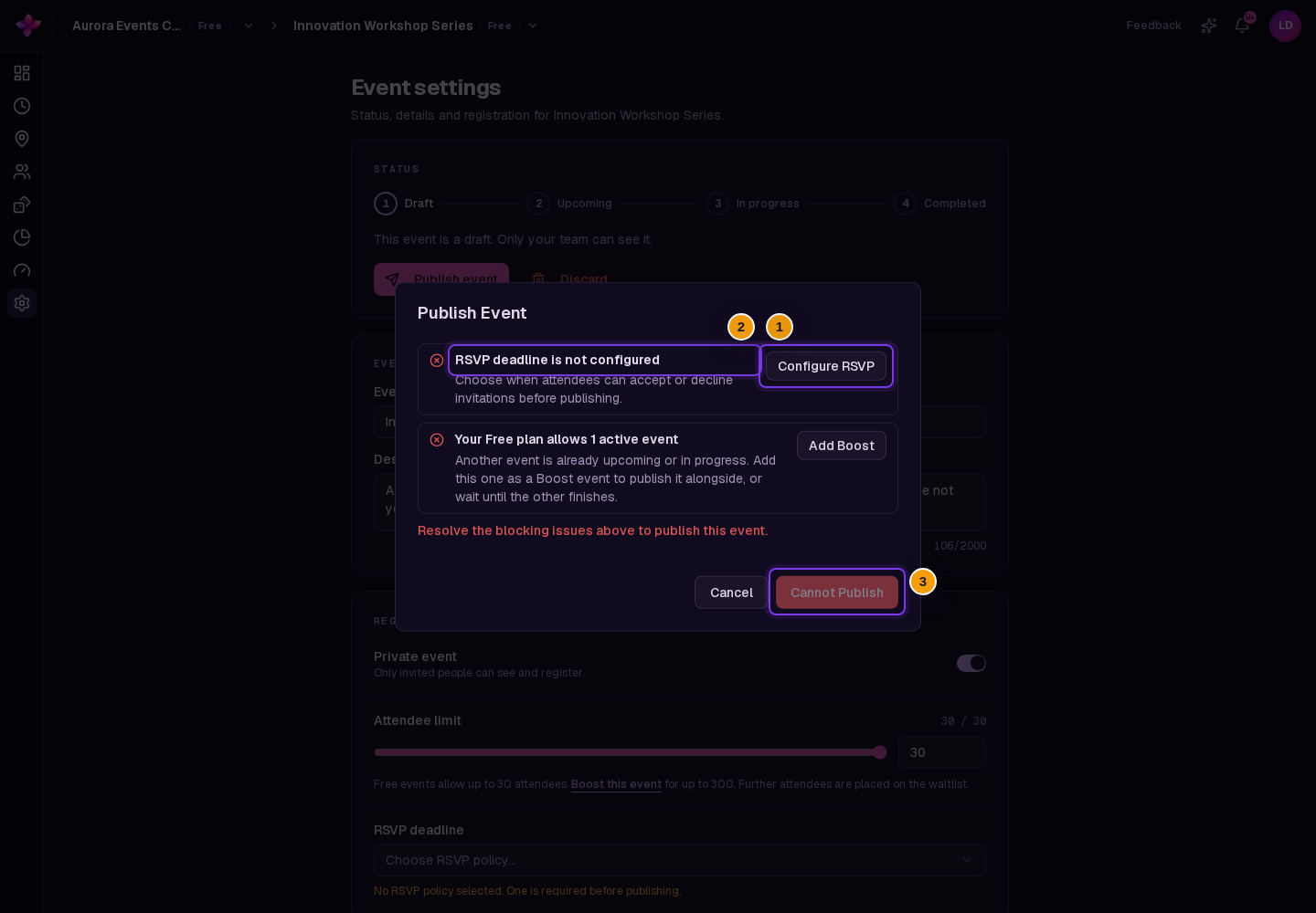 Publish Event dialog for a Draft event with an RSVP deadline blocker, Configure RSVP and disabled Cannot Publish visible
