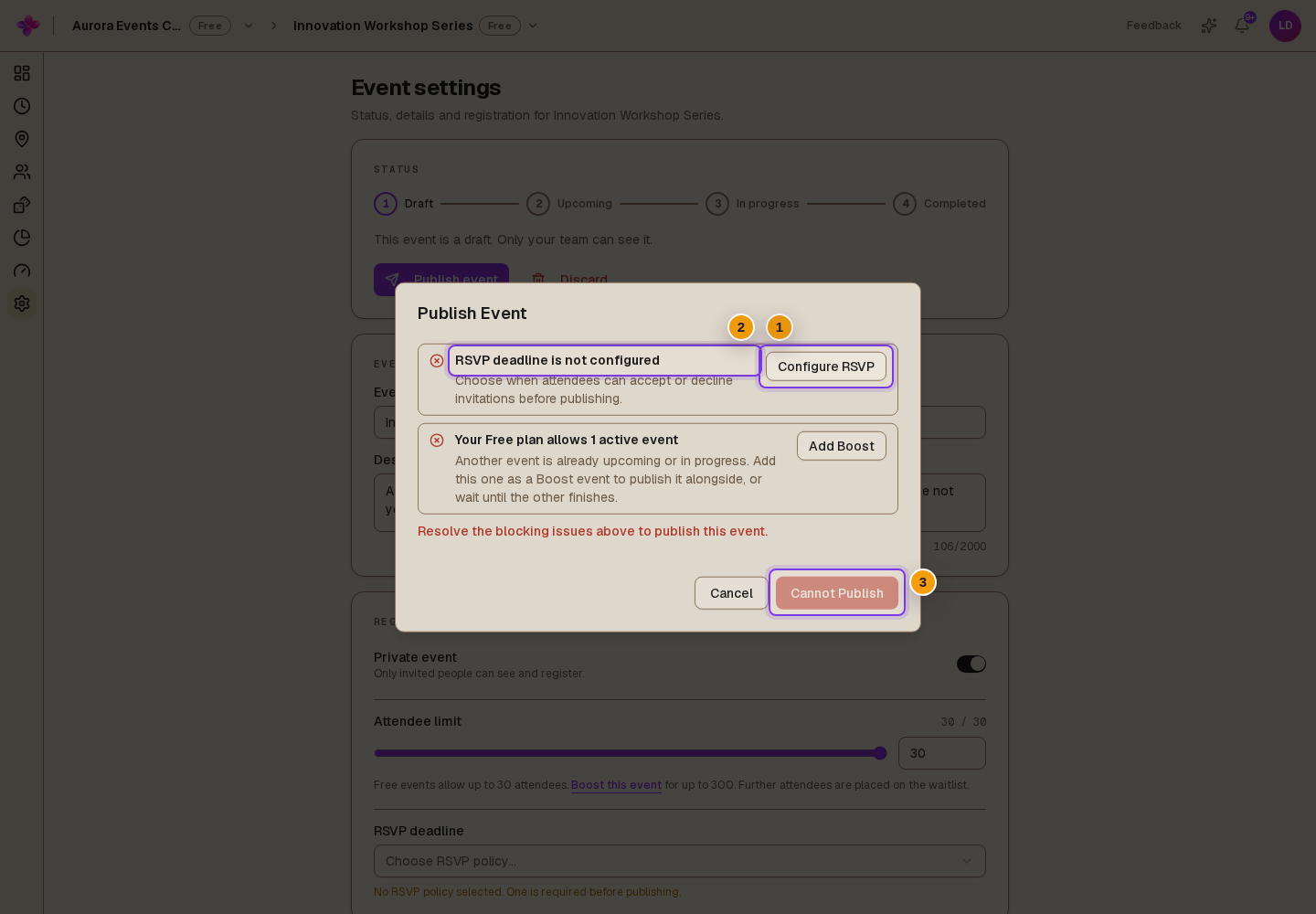 Publish Event dialog for a Draft event with an RSVP deadline blocker, Configure RSVP and disabled Cannot Publish visible