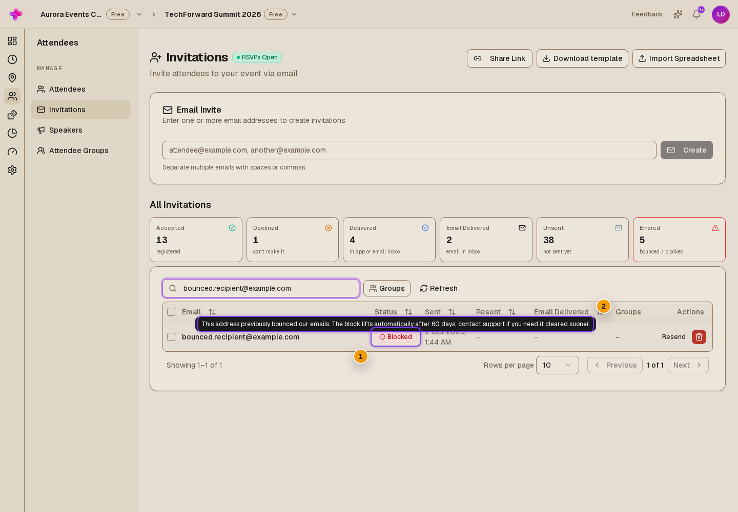 A Blocked status explanation open for a bounced example address, including the 60-day guidance